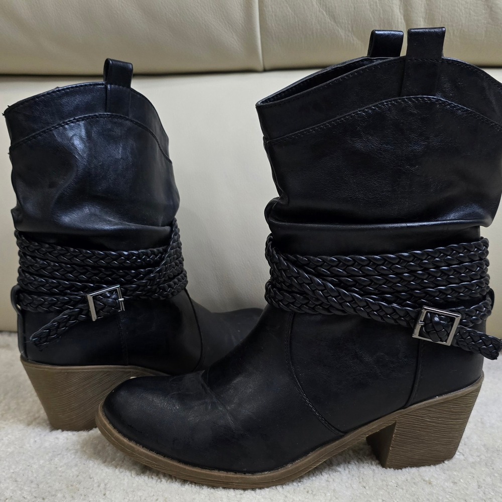 New Attitude Womens Black Faux Leather‎ Slouchy Ankle Boots Size 6.5 M